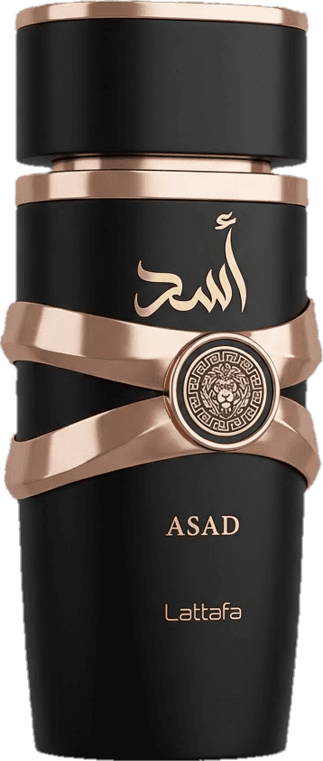 Frasco de perfume Lattafa Asad, preto fosco com detalhes em ouro rosé